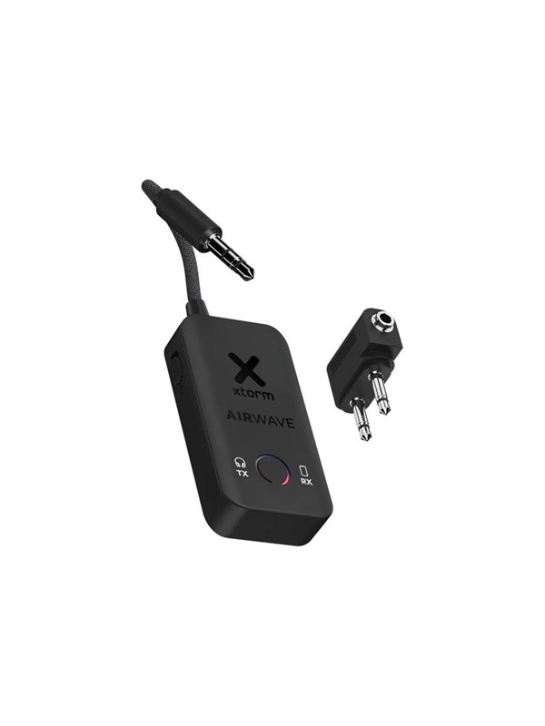 Xtorm AirWave – Bluetooth Transmitter 3.5 mm - Wireless Audio Adapter – Reizen – Vliegtuig – Geniet van In-Flight Entertainment met Draadloze Hoofdtelefoons – Koppel Twee Sets Draadloze Hoofdtelefoons voor Gedeeld Luisteren - Zwart