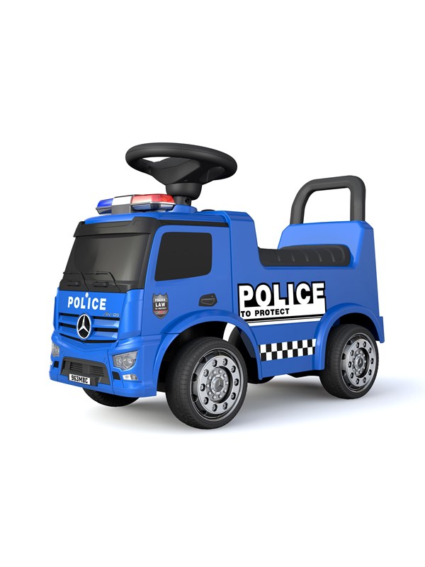 Mercedes Antos politie loopauto met sirenes en zwaailichten.
