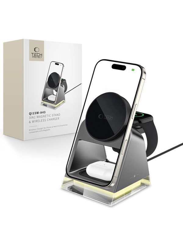 Tech-Protect QI15W-A43 3in1 Wireless Charger with MagSafe for Apple Devices - Black