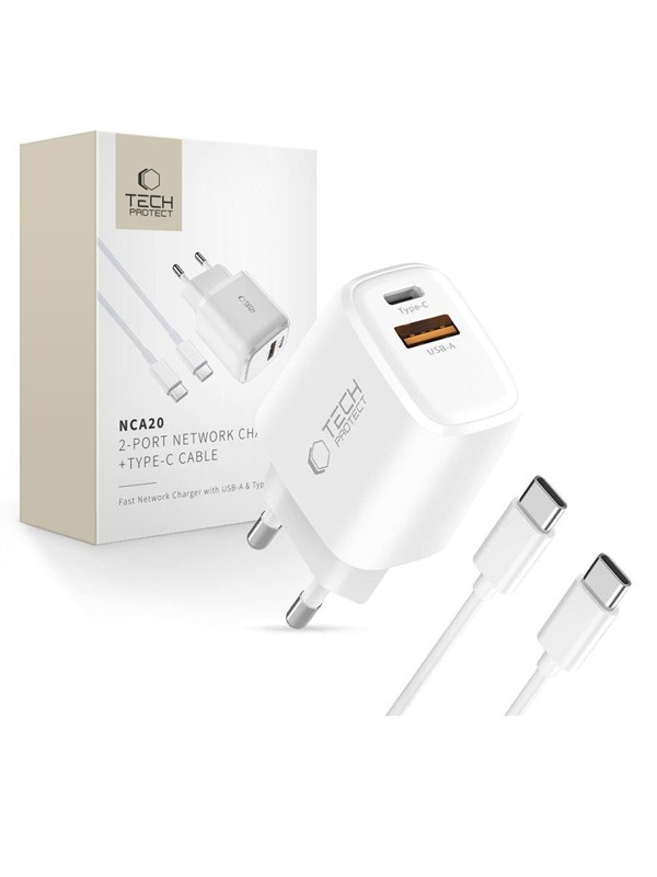 Tech-Protect NCA20 PD 20W QC3.0 USB-A / USB-C + USB-C / USB-C Cable 100cm - White