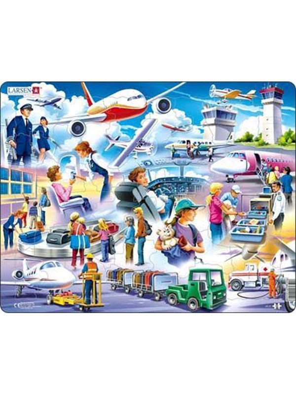 Larsen Het vliegveld – Puzzel – Voertuigen & Techniek – Luchtvaart – Educatieve legpuzzel voor kinderen – 42 stukjes – Gemaakt in Noorwegen – Extra dikke 2,5 mm stukjes – Tray met vaste rand
