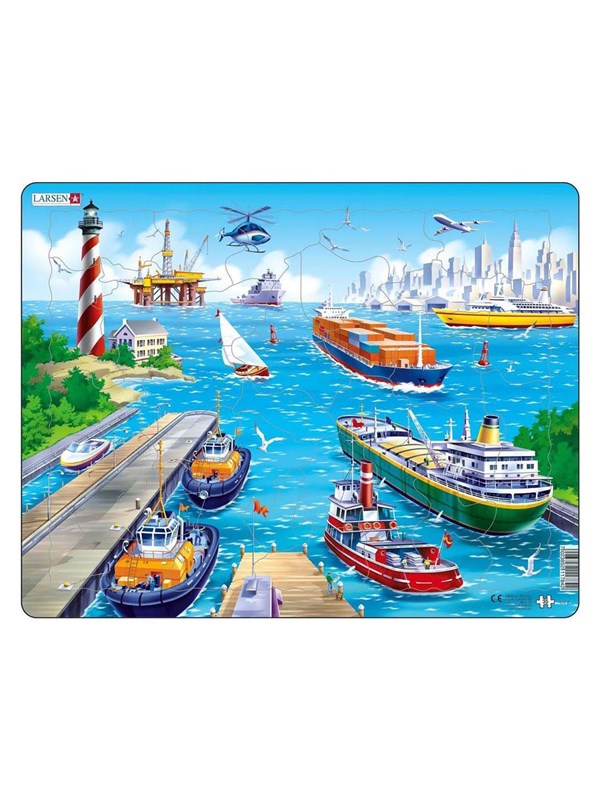Larsen De haven – Puzzel – Voertuigen & Techniek – Haven en scheepvaart – Educatieve legpuzzel voor kinderen – 35 stukjes – Gemaakt in Noorwegen – Extra dikke 2,5 mm stukjes – Tray met vaste rand