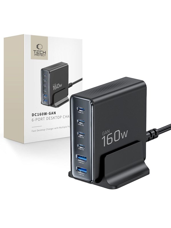 Tech-Protect DC160W-GAN 6-Port 160W AC Charger - Black USB hub - 6 - USB 2.0 - Zwart