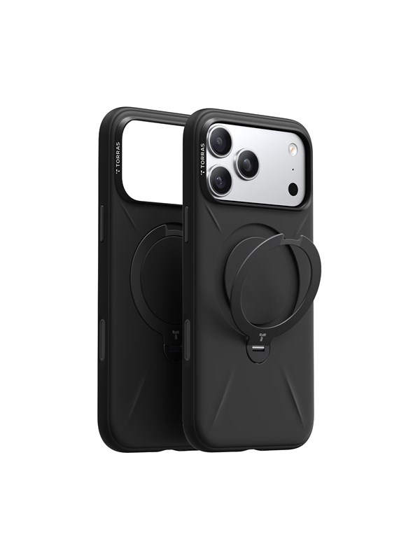 TORRAS Ostand Q Pro Silicone - Hoesje Geschikt voor Apple iPhone 17 Pro - Compatibel met MagSafe - 360° Draaibare Magnetische Standaard - Back Cover Kickstand Ring - Zwart