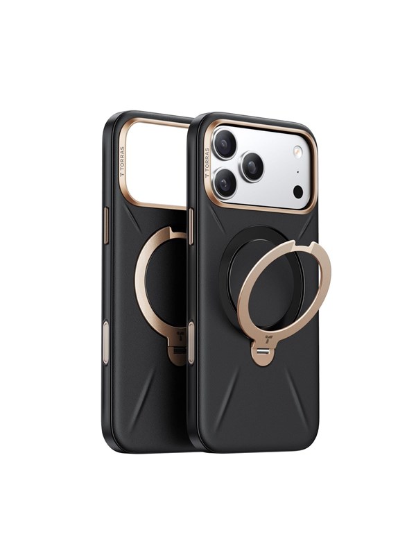 TORRAS Ostand Q Pro Leather - Hoesje Geschikt voor Apple iPhone 17 Pro - Compatibel met MagSafe - 360° Draaibare Magnetische Standaard - Back Cover Kickstand Ring - Zwart