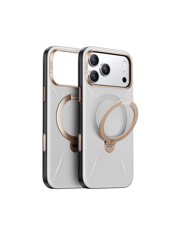 TORRAS Ostand Q Pro Leather - Hoesje Geschikt voor Apple iPhone 17 Pro - Compatibel met MagSafe - 360° Draaibare Magnetische Standaard - Back Cover Kickstand Ring - Grijs