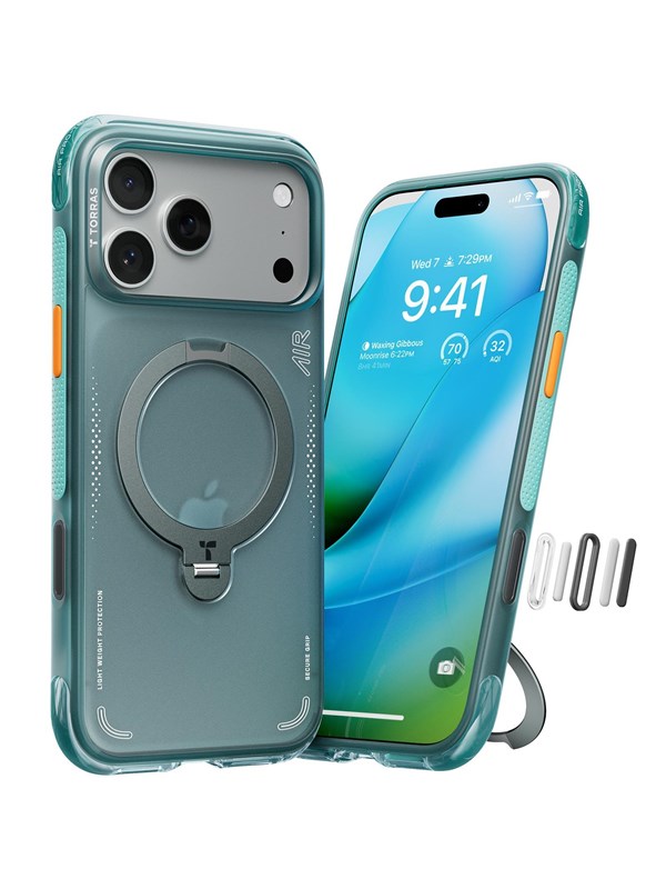 TORRAS Hoesje Geschikt voor Apple iPhone 17 Pro - Ostand Q3 Air Spin - Compatibel met MagSafe / Qi2 - Back Cover met Magneet - 360° Draaibare Ring Standaard - Groen