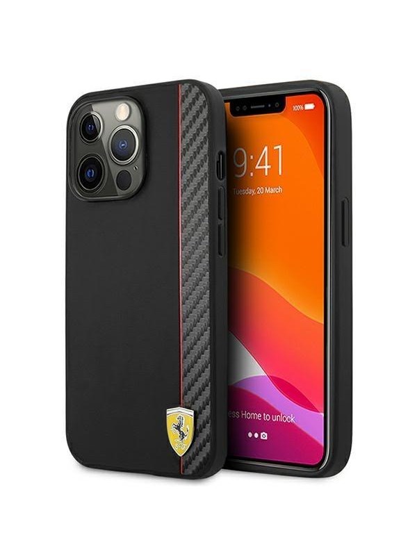 Ferrari iPhone 13 Pro Max Cover Carbon Effect Metal Logo Vertical Stripe - Black