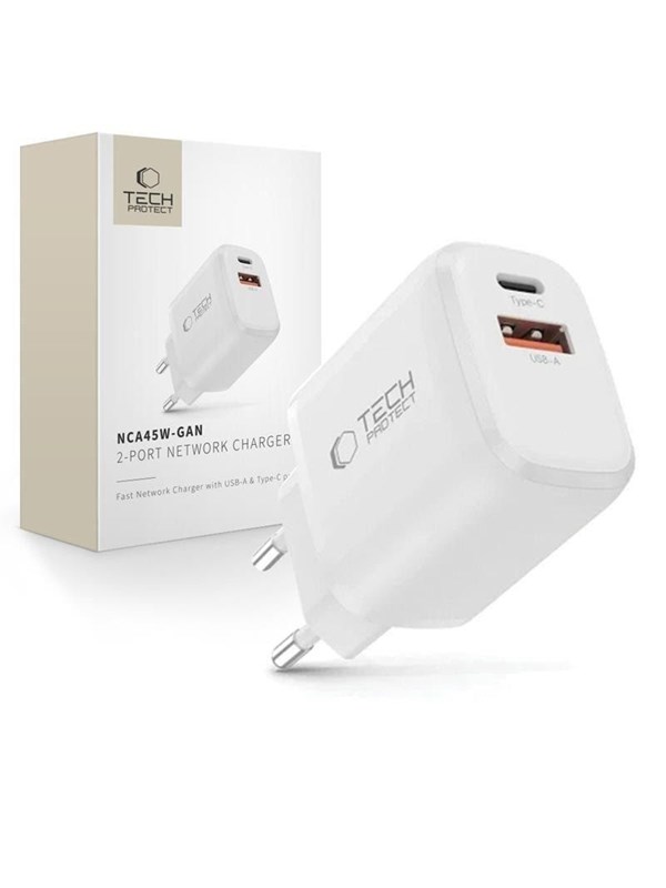 Tech-Protect NCA45W-GAN AC Charger 2-Ports USB-C / USB-A 45W - White
