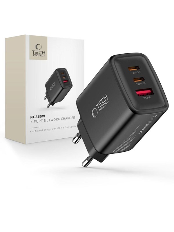 Tech-Protect NCA65W-GAN 3-Ports 65W AC Charger - Black