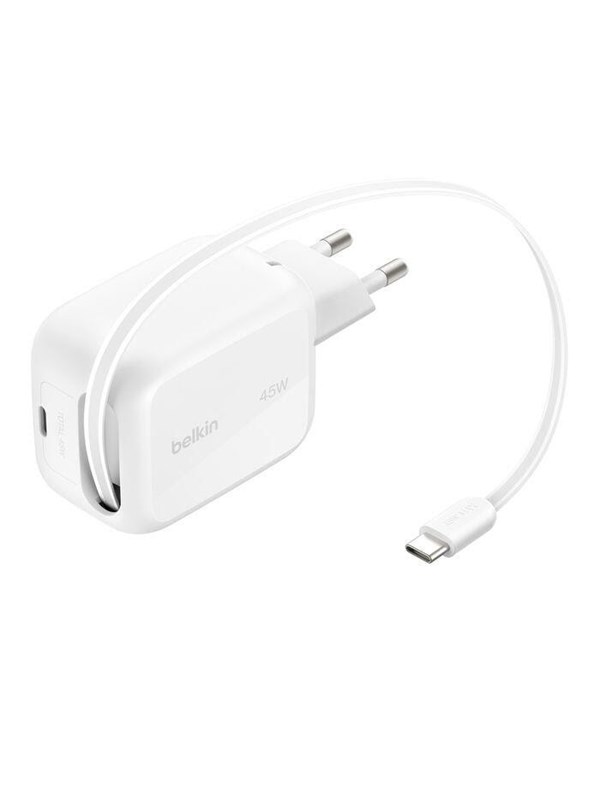 Belkin BoostCharge Pro Oplader 45W Usb C Wit + Usb C Intrekbare Kabel 0,8m Kunststof Wit