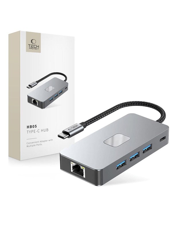 Tech-Protect HB05 HUB 9in1 USB-C + USB2.0 + USB3.0 + HDMI 4K 60HZ + SD / TF + PD100W + RJ45 - Grey USB hub - 9 - USB 3.0 - Grijs