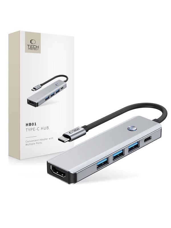 Tech-Protect HB01 HUB Adapter 5in1 USB-C + USB3.0 + HDMI 4K 60Hz + PD100W - Grey USB hub - 5 - USB 3.0 - Grijs