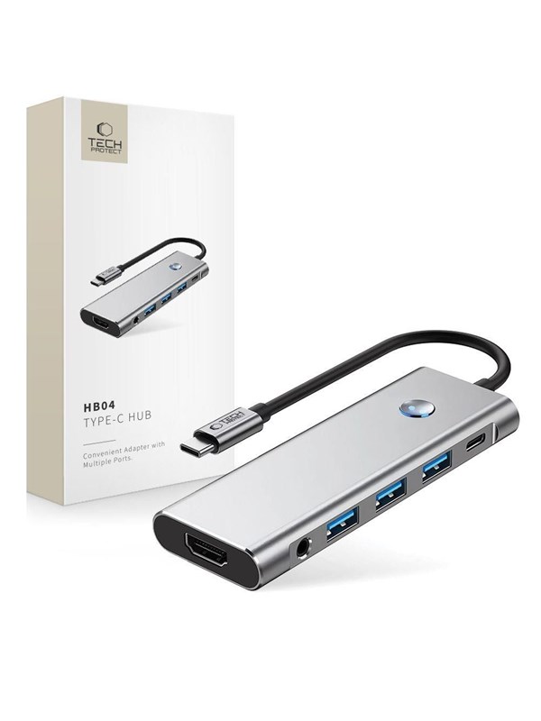 Tech-Protect HB04 HUB Adapter 9in1 USB-C + USB2.0 + USB3.0 + HDMI 4K 60Hz + SD / TF + PD100W + AV3.5 - Grey USB hub - 5 - USB 3.0 - Grijs