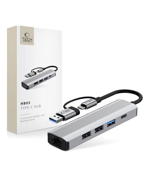 Tech-Protect HB03 HUB Adapter 5in1 USB-C + USB2.0 + USB3.0 + RJ45 - Grey USB hub - 5 - USB 3.0 - Grijs