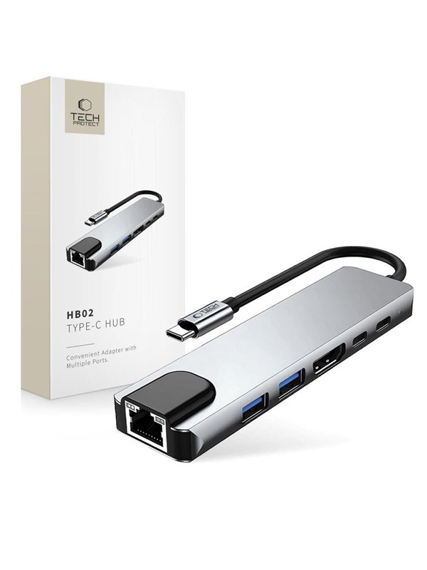 Tech-Protect HB02 HUB Adapter 6in1 USB-C + USB2.0 + USB3.0 + HDMI 4K 30Hz + RJ45 + PD100W - Grey USB hub - 6 - USB 3.0 - Grijs