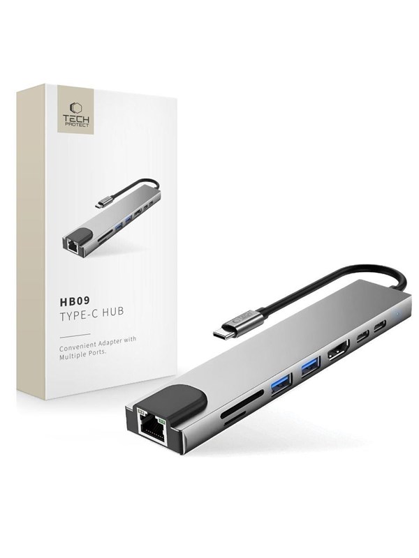Tech-Protect USB Hub HB09 8in1 TYPE-C + USB-A 3.0 + USB-C 3.0 + HDMI 4K 60HZ + SD/TF + PD100W + RJ45 1000 MB/S - Grey USB hub - 8 - USB 3.0 - Grijs