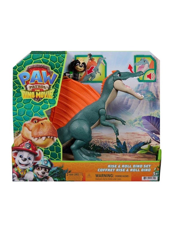 PAW Patrol - De Dino Film Rise & Roll Dino Set bevat speelgoeddinosaurus Spinosaurus van 17,7 cm met geluiden en Rex-actiefiguur