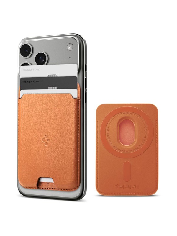Spigen Valentinus MagFit | Magnetische Kaarthouder voor Pasjes | Compatibel met MagSafe | Pasjeshouder voor 3 Kaarten | Ook geschikt voor S26-Serie | Oranje