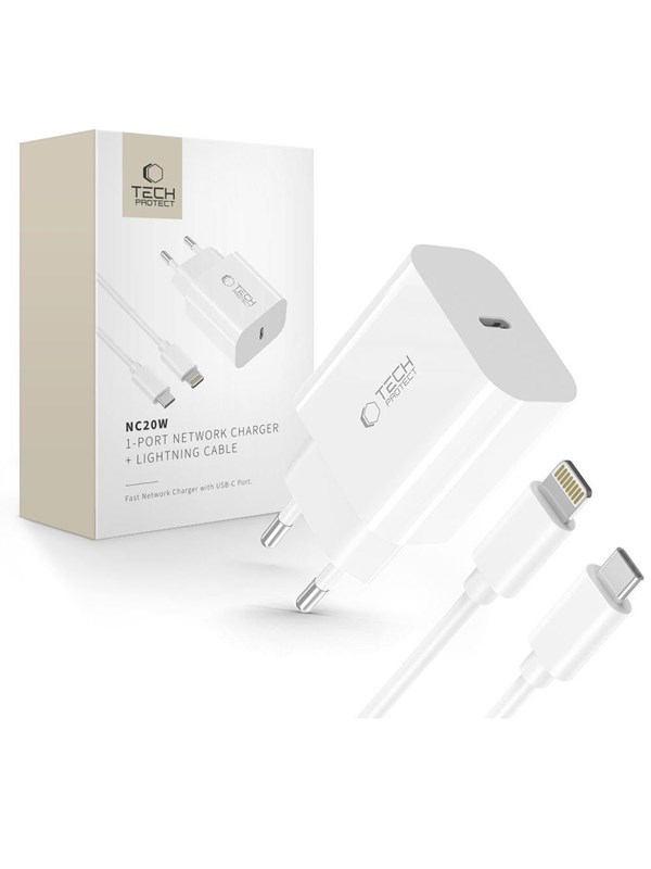 Tech-Protect NC20W AC Charger with USB-C / Lighting Cable 100 cm - White