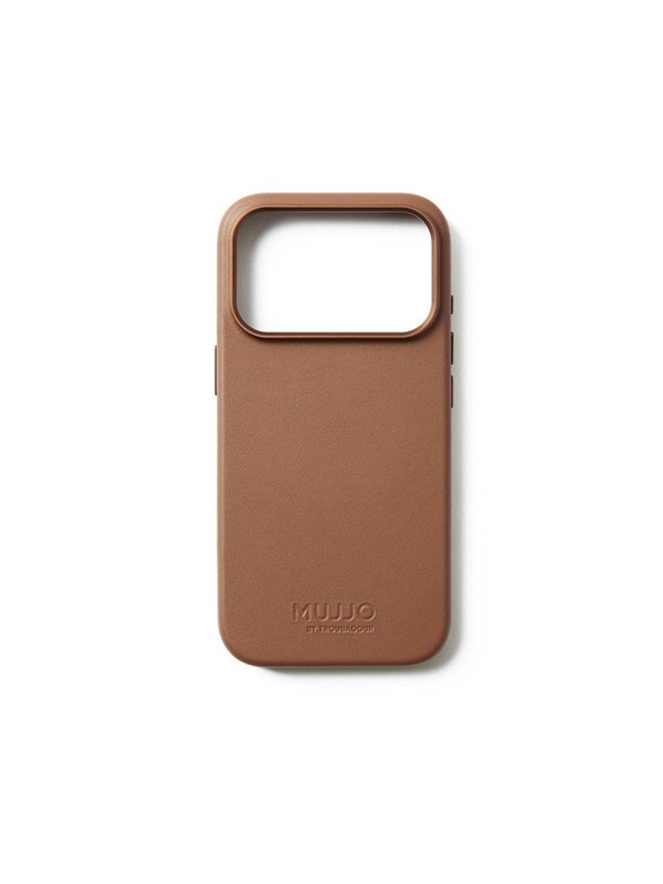 Mujjo Volledig lederen hoesje iPhone 17 Pro – 1mm verhoogde leren rand voor schermbeveiliging – Unieke patina met de tijd – Gemaakt van fijnkorrelig Deens kalfsleer - Bruin