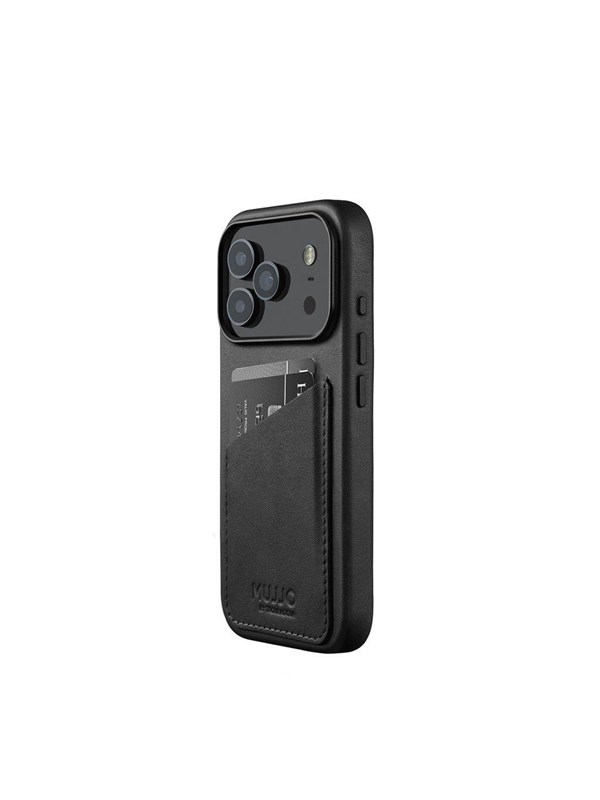 Mujjo Lederen portomonee hoesje iPhone 17 Pro – Geïntegreerde lederen portemonnee – Compatibel met MagSafe – Fijnkorrelig Deens kalfsleer - Zwart