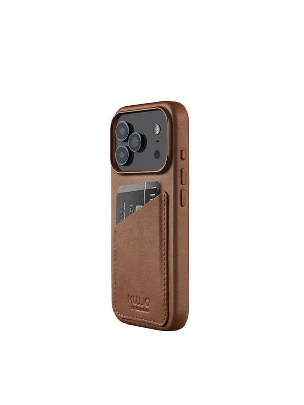 Mujjo Lederen portomonee hoesje iPhone 17 Pro – Geïntegreerde lederen portemonnee – Compatibel met MagSafe – Fijnkorrelig Deens kalfsleer - Bruin