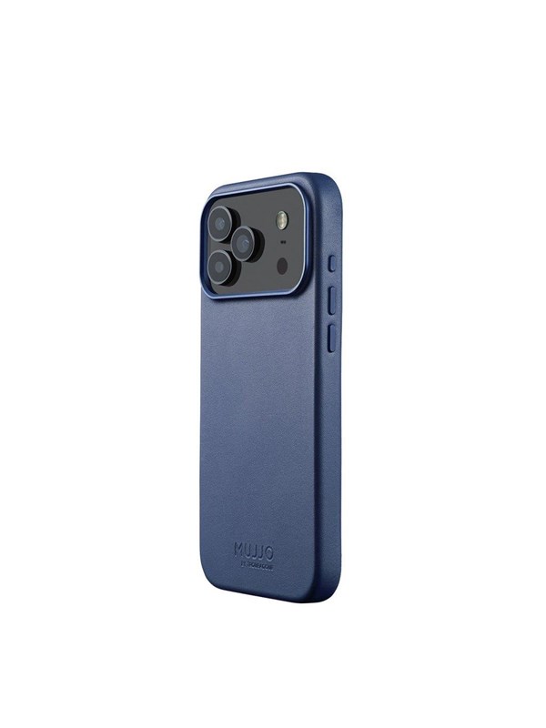 Mujjo Volledig lederen hoesje iPhone 17 Pro Max – 1mm verhoogde leren rand voor schermbeveiliging – Unieke patina over tijd – Gemaakt van fijnkorrelig Deens kalfsleer - Blauw