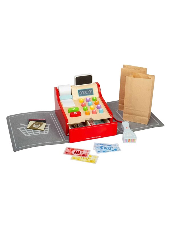 Bigjigs houten kassa speelgoedwinkel met scanner en accessoires.
