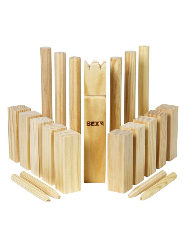 Bex Kubb Basic – Zweeds Vikingschaak – Toegankelijk Buitenspel – FSC Grenenhout – Koning Met Houtkleurige Kroon – Vanaf 8 Jaar – Inclusief Opbergnet Met Trekkoord