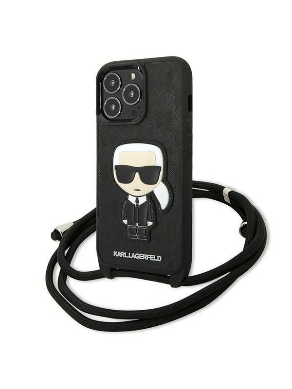 Karl Lagerfeld Leather Monogram Patch and Cord Iconik Case for iPhone 13 Pro / 13 - Black