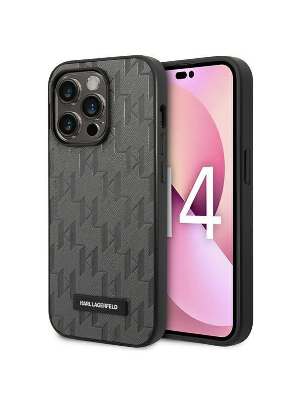 Karl Lagerfeld Saffiano Mono Metal Logo iPhone 14 Pro Max 6.7" Case - Gray