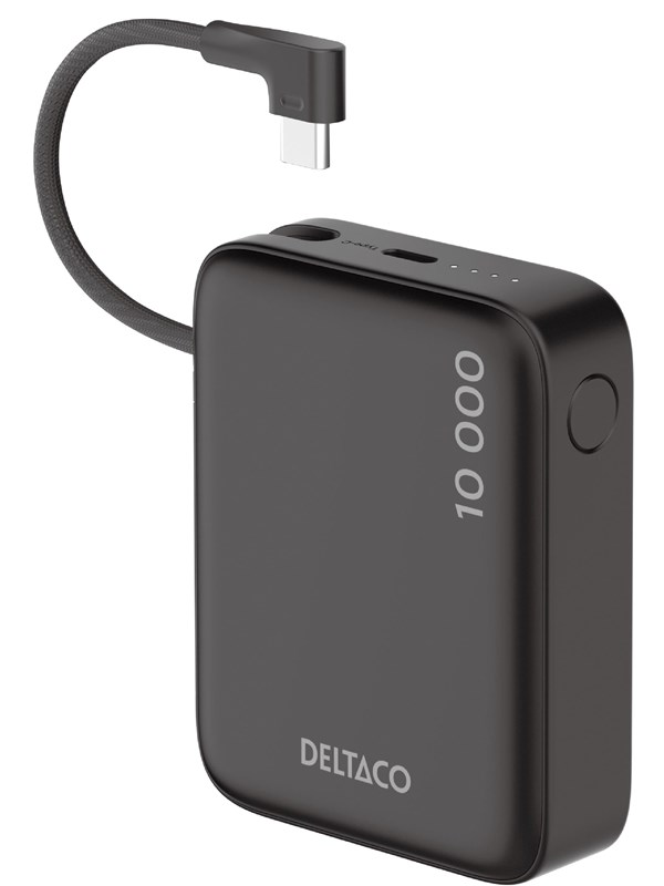 Deltaco PB-CC101 Powerbank | Built-in fabric USB-C cable 20W + 1x USB-C Port | Black - 10000 mAh