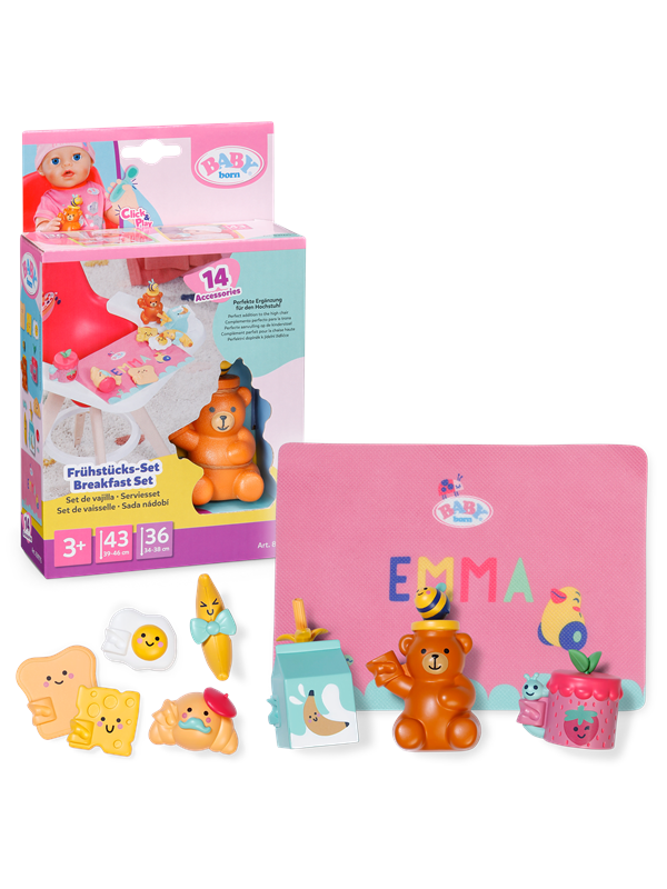 BABY born Ontbijtset met accessoires en klikken-en-spelen-functie: ontbijtset met voedselitems en placemat voor poppen van 43 cm