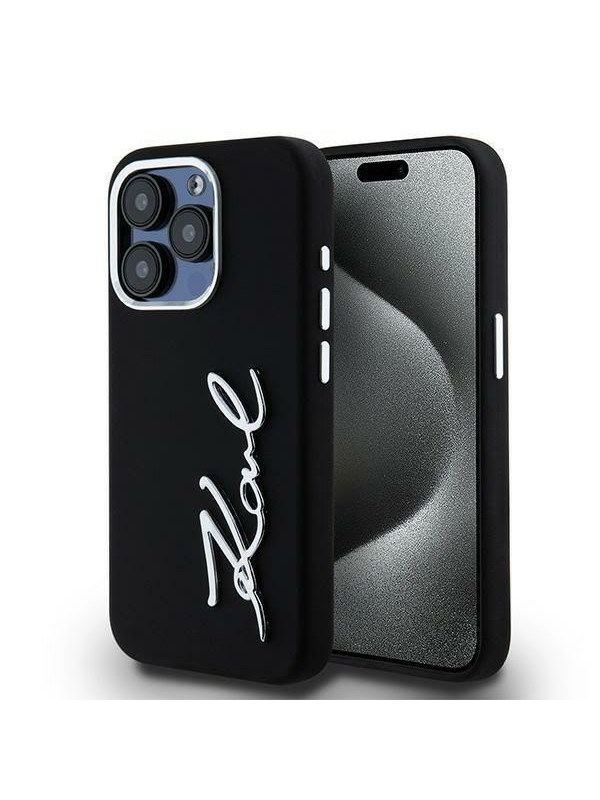 Karl Lagerfeld Silicone Metal Script Logo iPhone 15 Pro Max Case - Black