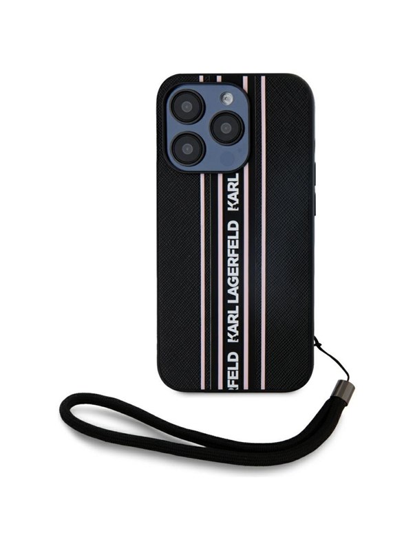 Karl Lagerfeld Saffiano Athleisure Stripes Cord iPhone 15 Pro Case - Pink