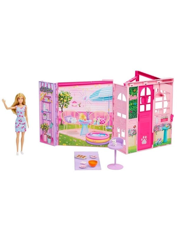Barbie Weekend Escape House - Poppenhuis met pop - 10 accessoires 4 speelruimtes en een katje