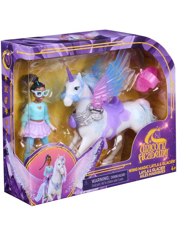Unicorn Academy Layla & Glacier met vleugelmagie, beweegbare pop van 11,4 cm en eenhoorn met vleugels van 12,7 cm, 4 accessoires, poppen en eenhoornspeelgoed, verjaardagscadeaus