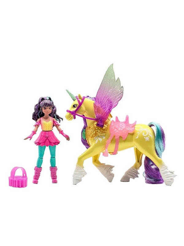 Unicorn Academy - Ava & Leaf met Vleugelmagie - Beweegbare Pop 11,4 cm en Gevleugelde Eenhoorn 12,7 cm - Inclusief 4 Accessoires - Poppen- en Eenhoornspeelgoed