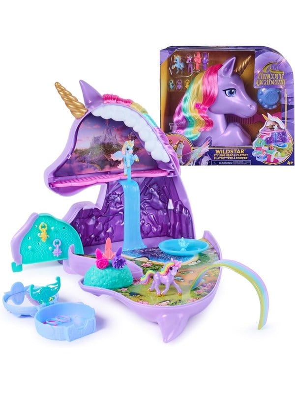 Unicorn Academy, 2-in-1 Wildstar-kaphoofd en -speelset met minifiguren met meer dan 15 onderdelen en haaraccessoires, poppen en eenhoornspeelgoed, verjaardagscadeaus