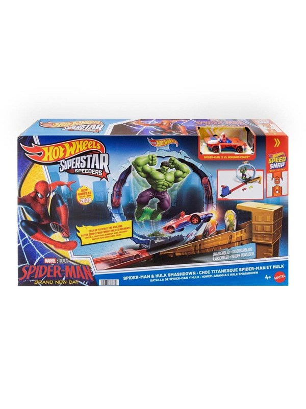 Hot Wheels Superstar Speeders Spider-Man en Hulk Vermorzelen - Baanset met 1 metalen Spider-Man voertuig