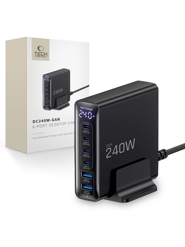 Tech-Protect DC240W-GaN Charging Station 6 Ports 4 x USB-C 2 x USB-A 240W QC3.0 - Black USB hub - 6 - USB 3.0 - Zwart