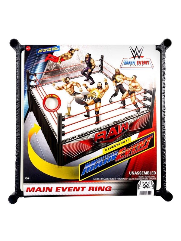 WWE Supersterrenring met labels voor hoofdevenement en RAW - verende ringmat en Pro Tension elastische ringtouwen