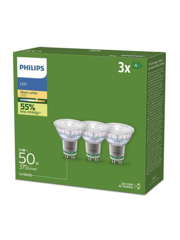 Philips LED spot Ultra Efficient 2,1W/827 (50W) 36° 3-pack GU10