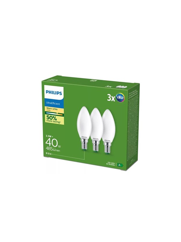 Philips LED spot Ultra Efficient B35 2,3W/827 (40W) Frosted 3-pack E14