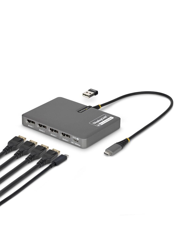 StarTech.com QUAD-USB-DP-ADAPT USB-C to Quad-Monitor Workstation Adapter 4K 60Hz DisplayPort 140W PD Passthrough for Laptop Charging