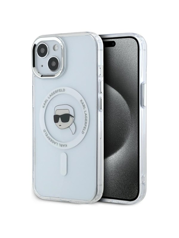 Karl Lagerfeld IML Metal Karl Head MagSafe Case for iPhone 15 Plus White