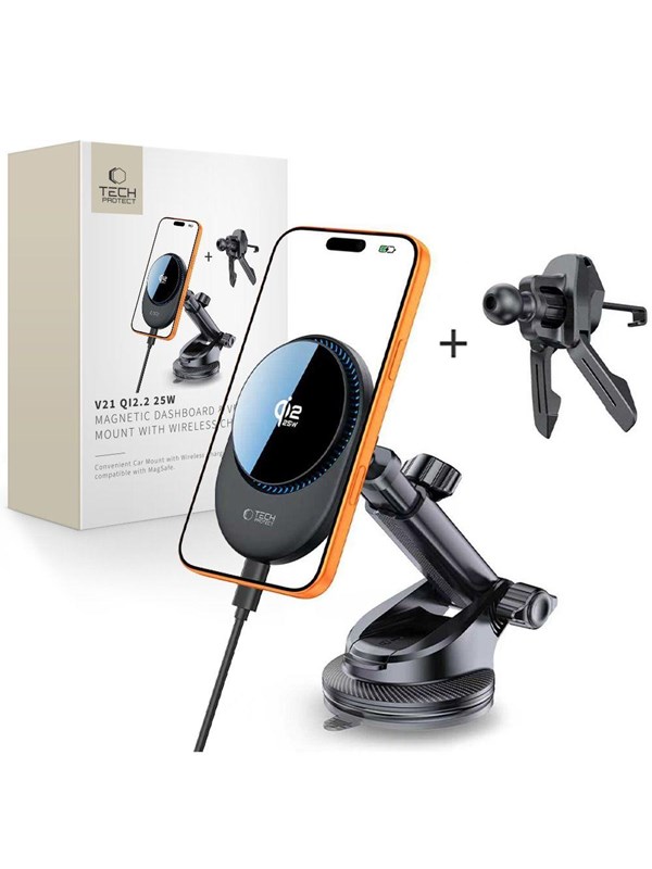 Tech-Protect V21 MagSafe Car Mount with Inductive Charger 25W QI2.2 for Cockpit / Windshield / Air Vent - Black
