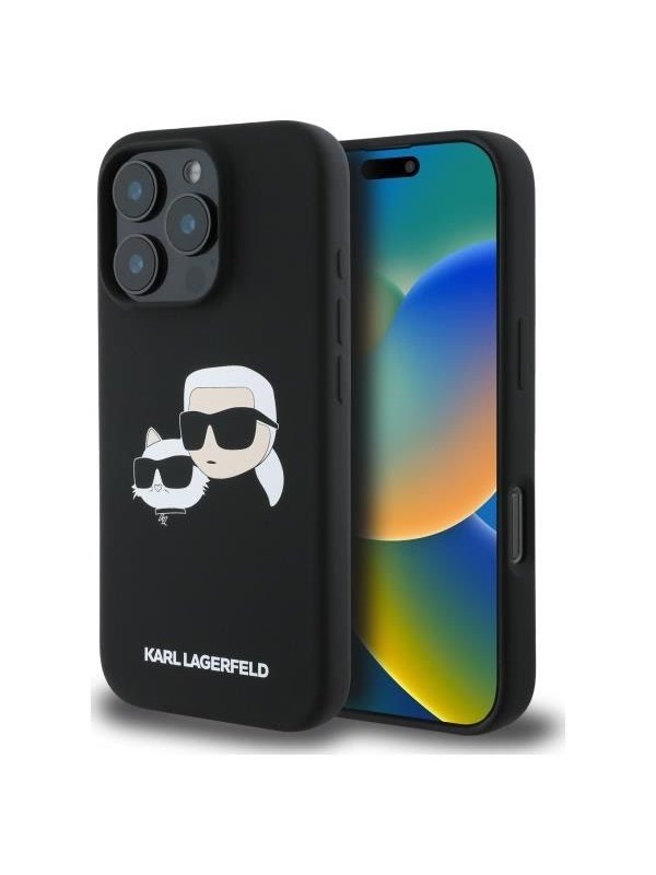 Karl Lagerfeld Silicone Case Heads Print MagSafe for iPhone 16 Pro - Black