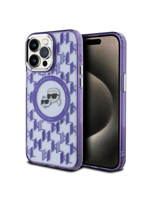 Karl Lagerfeld IML Monogram Karl & Choupette Head MagSafe iPhone 15 Pro Case - Purple